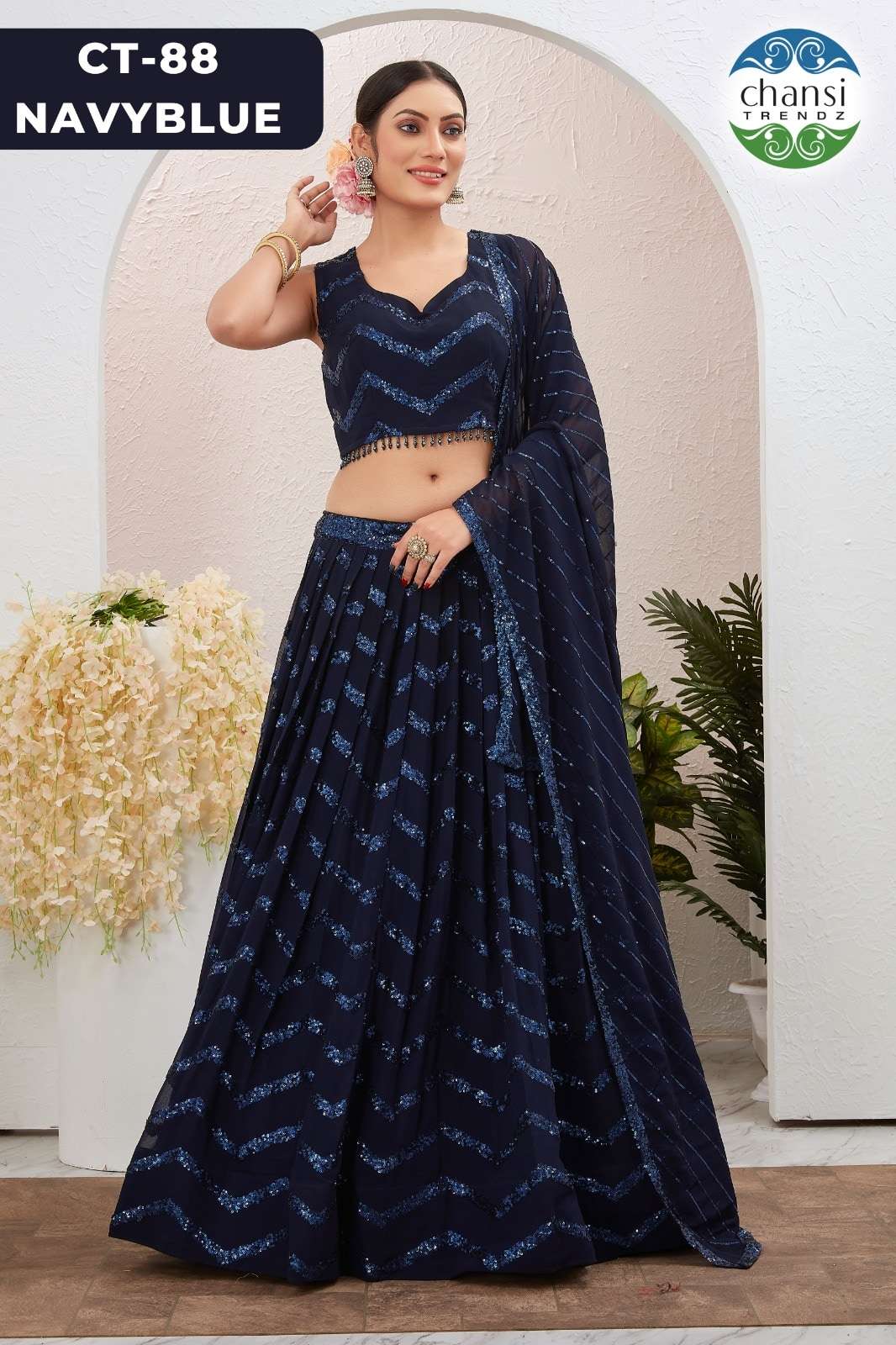 CHANSI TRENDZ CT-88 BALCK AND BLUE PURE GEORGETTE EMBROIDERY LEHENGAS-00303