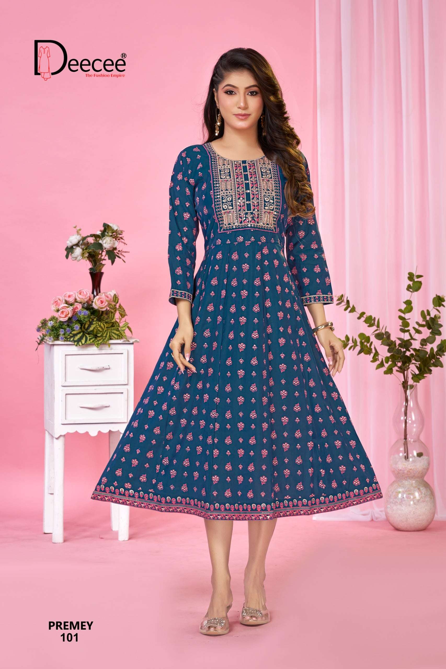 DEE CEE PREMEY 01 TO 06 SERIES PURE ROMAN PRINTED EMBROIDERY KURTIS-00014