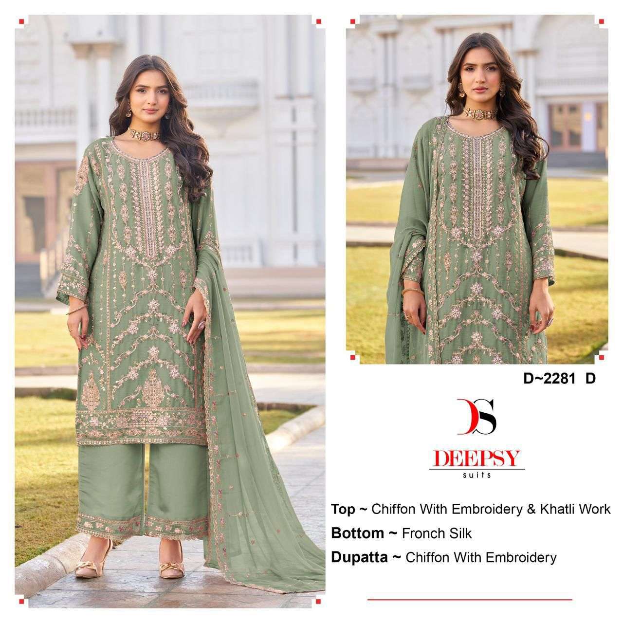 DEEPSY SUIT D-2281 A TO  D SERIES PURE CHIFFON EMBROIDERY PAKISTANI DRESSES-00201
