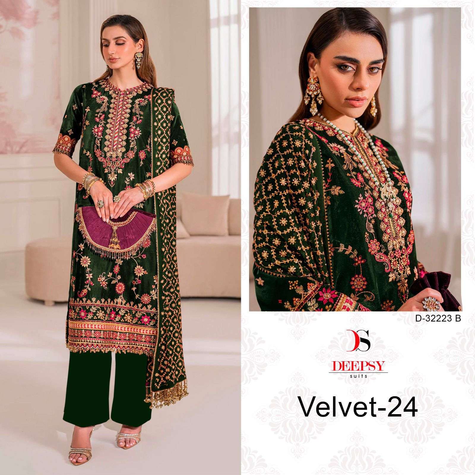 DEEPSY SUIT D-32223 A TO D SERIES PURE VELVET EMBROIDERY PAKISTANI DRESSES-00201