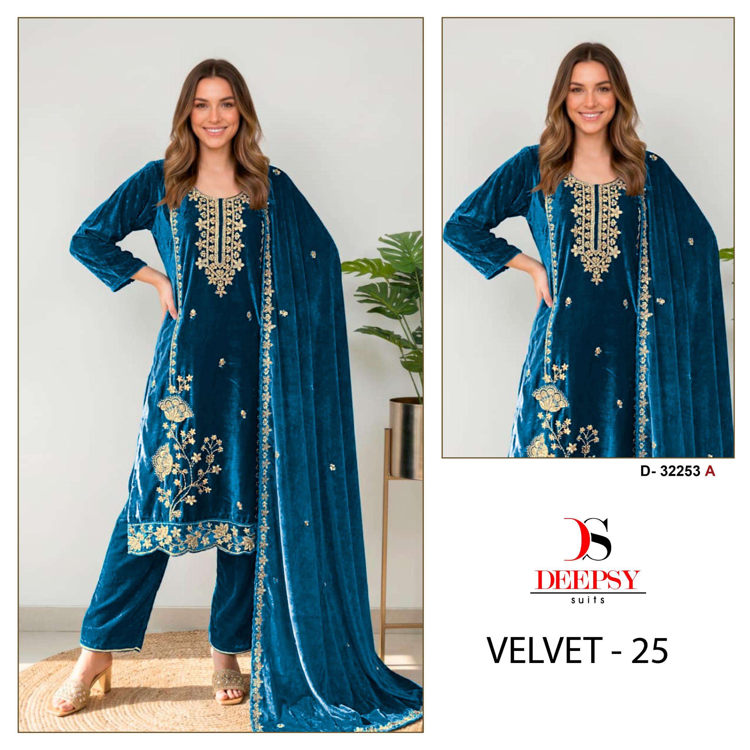 DEEPSY SUIT D-32253 A TO D SERIES PURE VISCOSE VELVET EMBROIDERY PAKISTANI DRESSES-00201