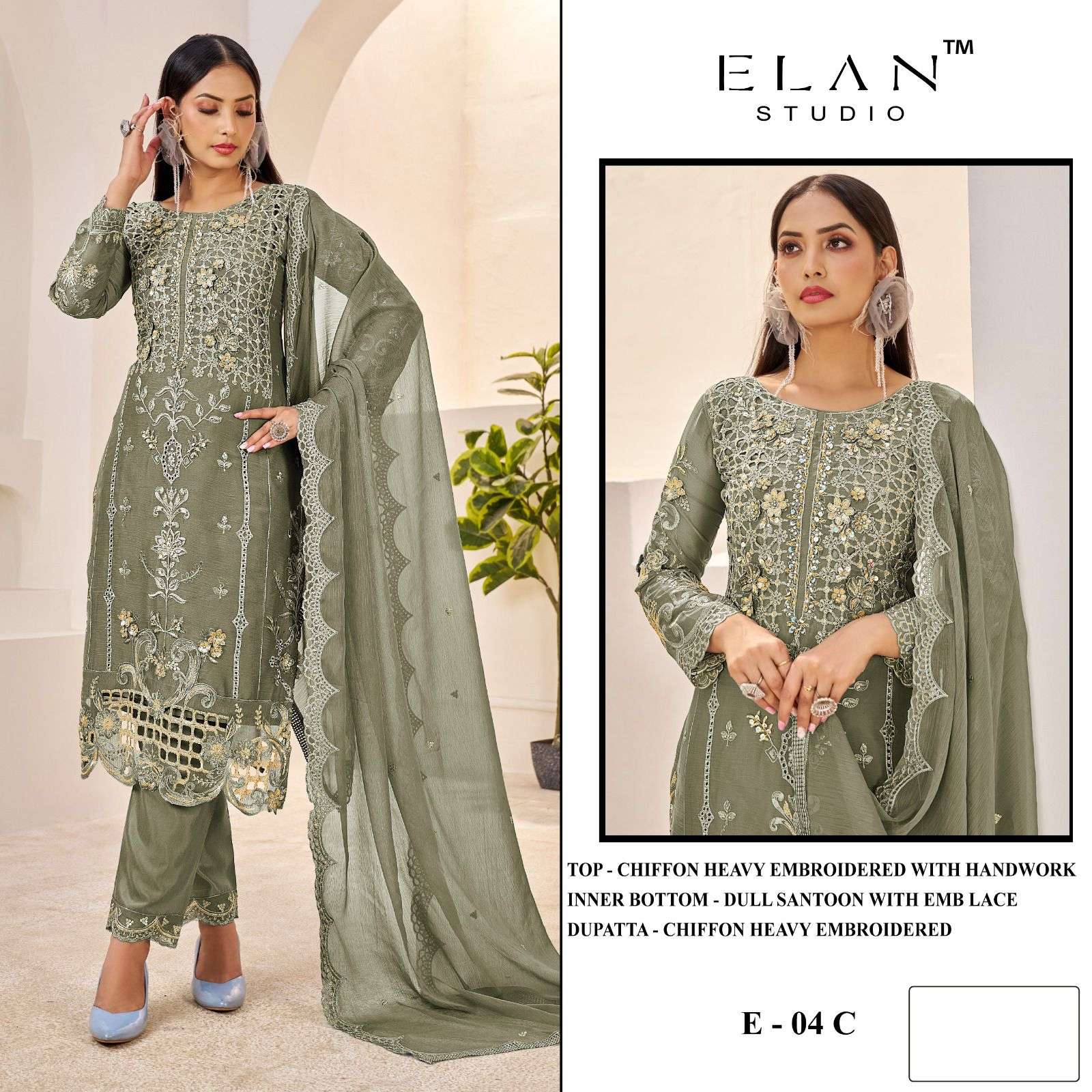 ELAN LAWN STUDIO E-04 A TO D SERIES PURE CHIFFON EMBROIDERY PAKISTANI DRESSES-00201
