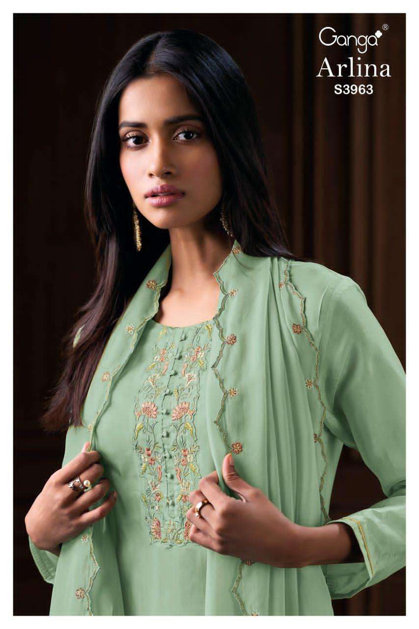 GANGA FASHION ARLINA PURE ORGANZA SILK EMBROIDERY DRESSES-00402