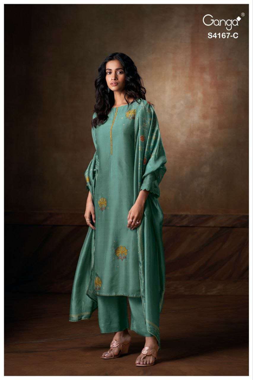 GANGA FASHION ESHRA S4167-A TO S-4167-D SERIES PURE SILK EMBROIDERY PAKISTANI DRESSES-00252