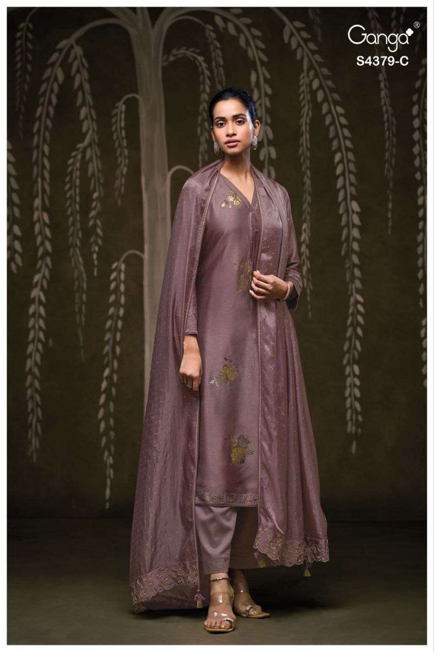 GANGA FASHION GLYNA S4379-A TO S4379-D SERIES PURE SILK PRINTED EMBROIDERY DRESSES-00252