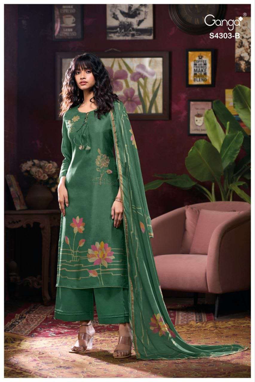 GANGA FASHION KAVISHA S4303-A TO S4303-D SERIES PURE SILK EMBROIDERY DRESSES-00252