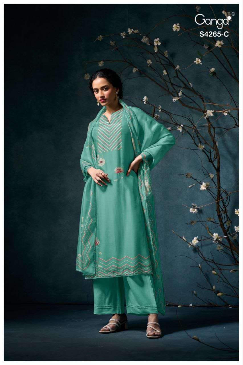 GANGA FASHION PRISELLE S-4265-A TO S-4265-D SERIES PURE SILK EMBROIDERY DRESSES-00252