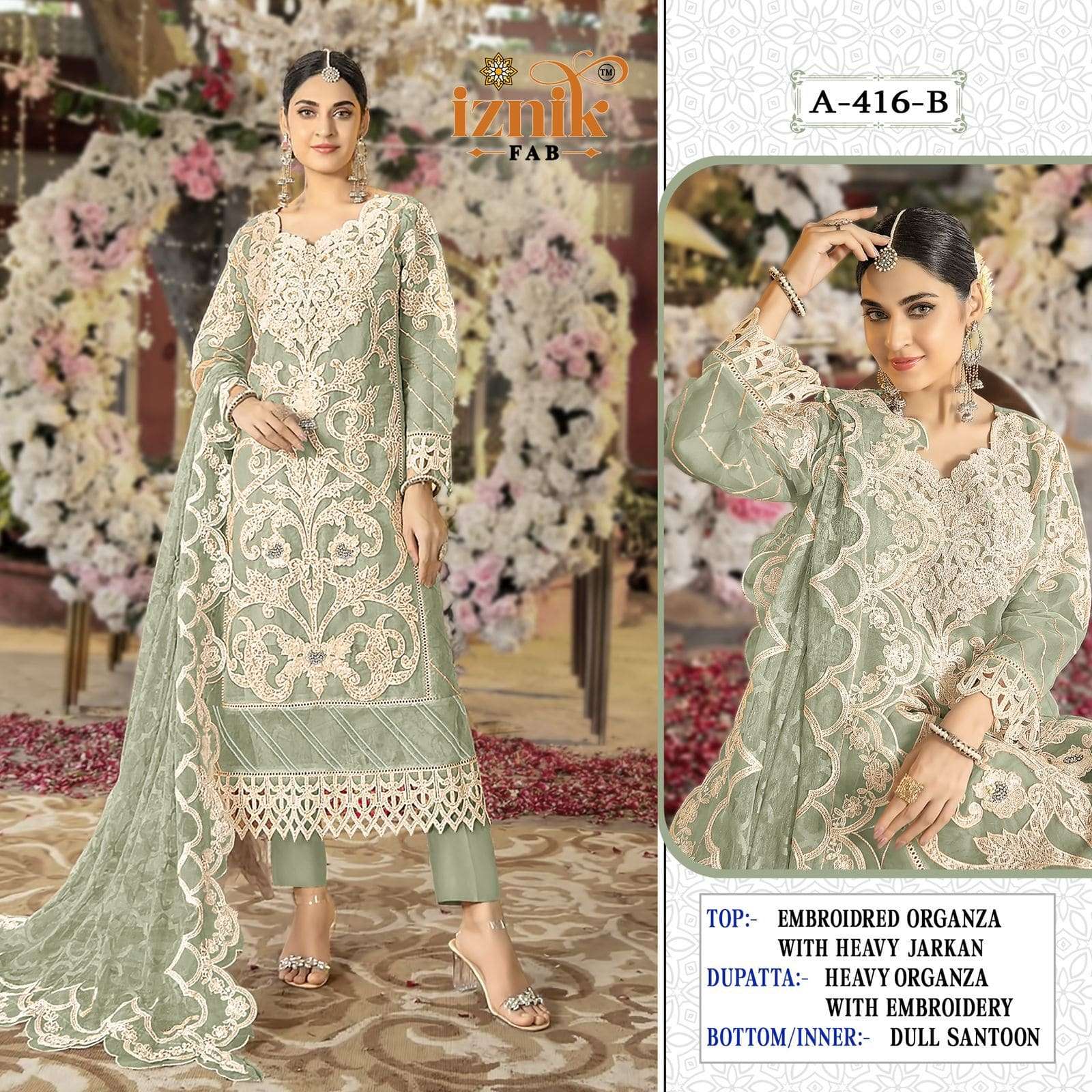 IZNIK FAB A-416 A TO D SERIES PURE ORGANZA EMBROIDERY PAKISTANI DRESSES-00201