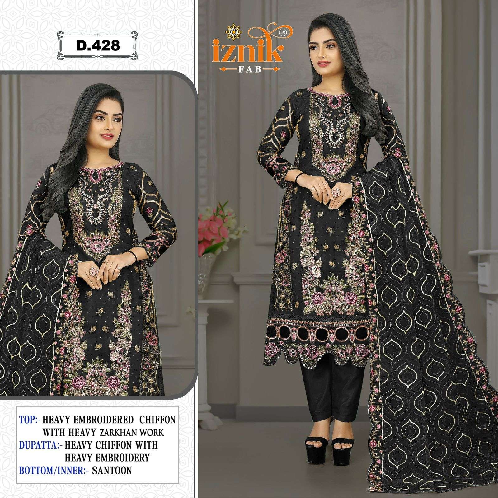 IZNIK FAB A-428 A TO D SERIES PURE CHIFFON EMBROIDERY PAKISTANI DRESSES-00201