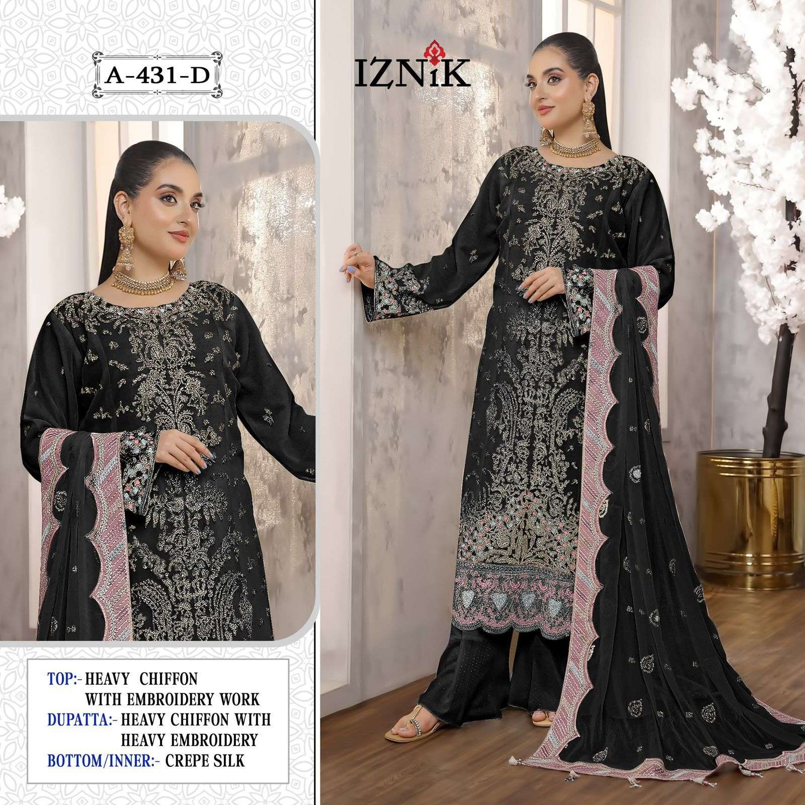 IZNIK FAB A-431 A TO D SERIES PURE CHIFFON EMBROIDERY PAKISTANI DRESSES-00201