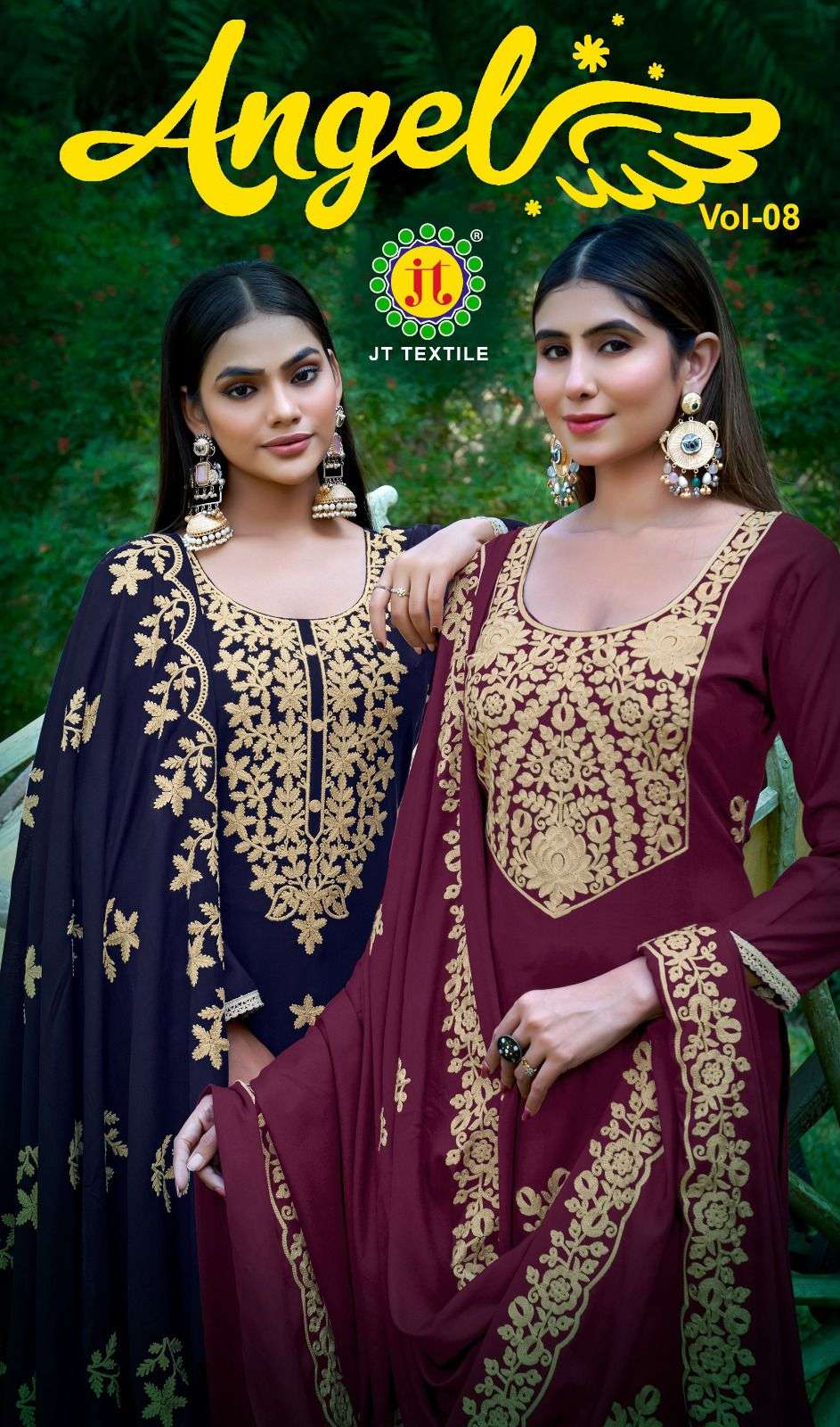 JT TEXTILE ANGEL VOL-08 8001 TO 8005 SERIES PURE RAYON EMBROIDERY PAKISTANI DRESSES-00201