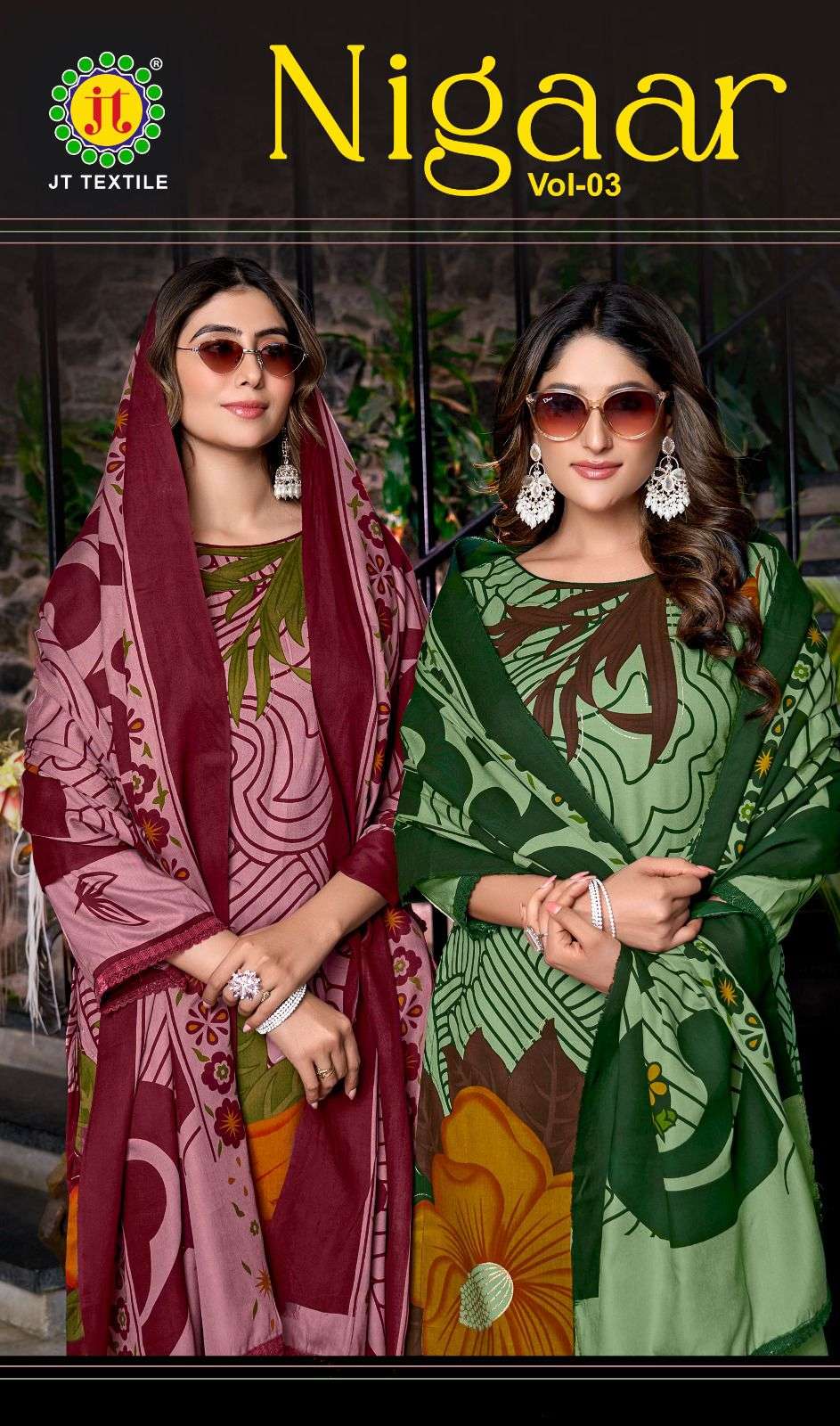 JT TEXTILE NIGAAR VOL-03 3001 TO 3005 SERIES PURE RAYON PRINTED PAKISTANI DRESSES-00201