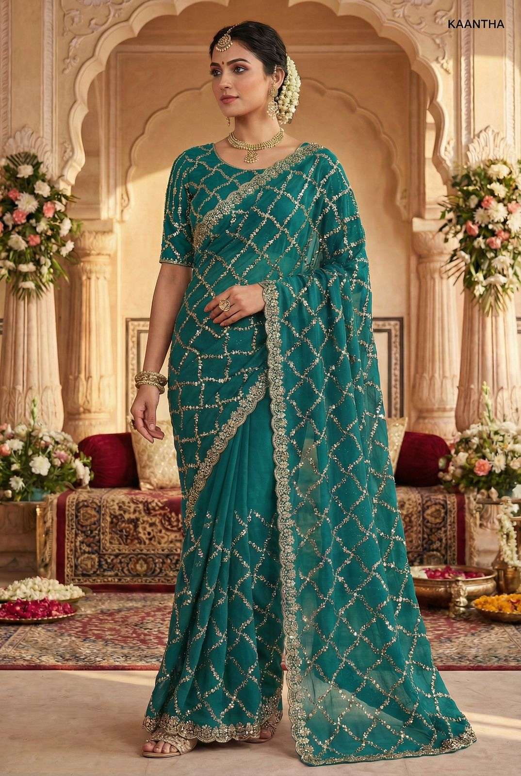 KAANTHA BY ASLIWHOLESALE DESIGNER PURE FENDY SATIN EMBROIDERY SAREES-00103
