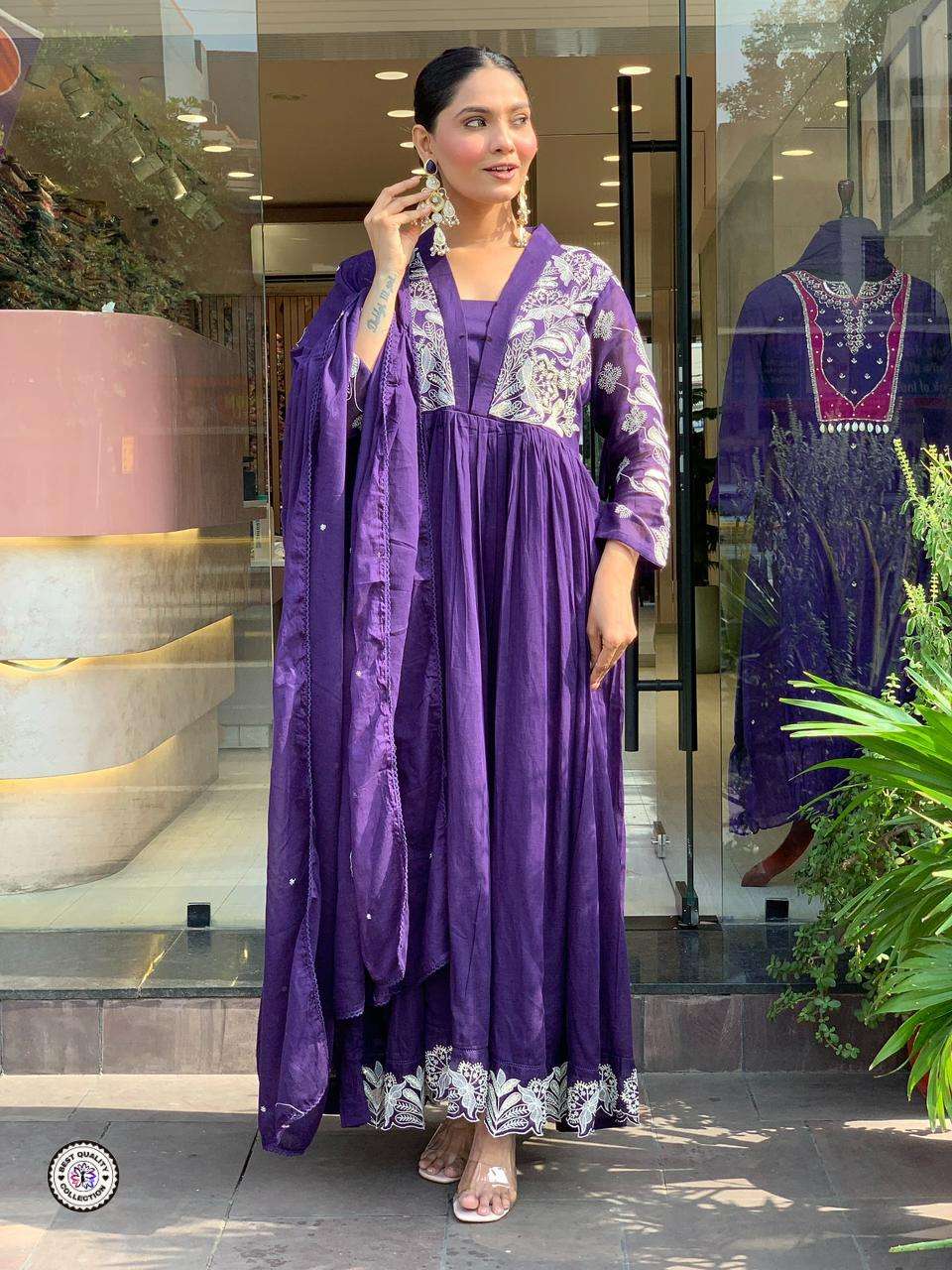 KF-1015 BY ASLIWHOLESALE DESIGNER PURE ROMAN SILK EMBROIDERY DRESSES-00096
