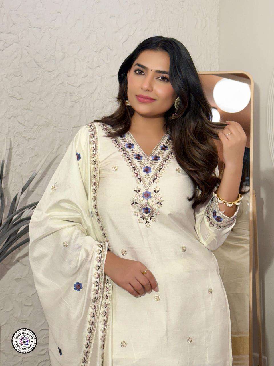 KF-6034 BY ASLIWHOLESALE DESIGNER PURE VISCOSE SILK EMBROIDERY DRESSES-00096