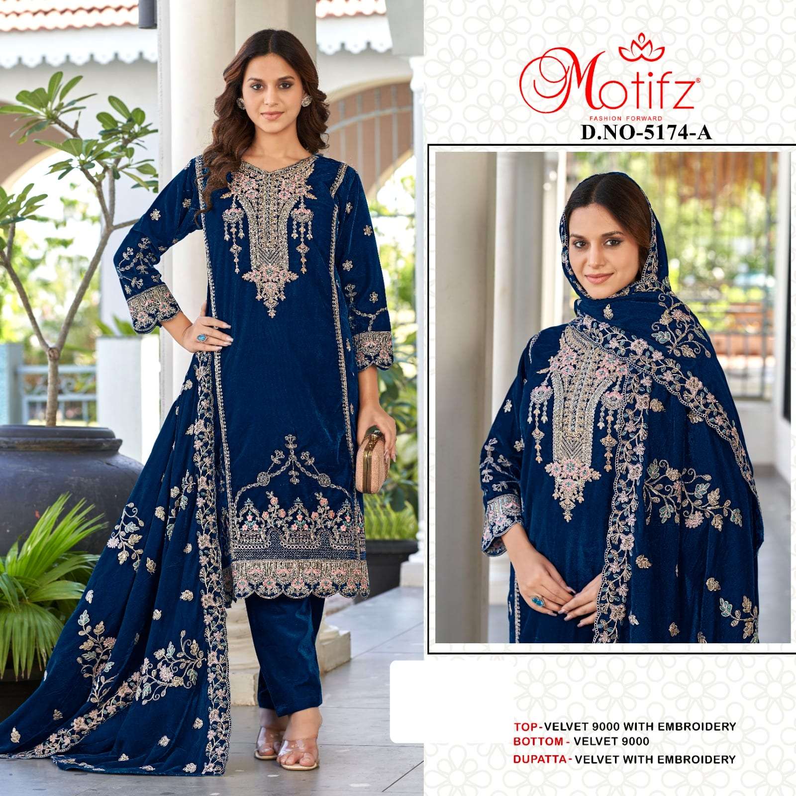 MOTIFZ 5174 A TO D SERIES PURE VELVET EMBROIDERY PAKISTANI DRESSES-00201