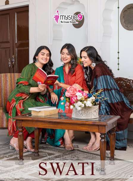 MYSTIC9 SWATI VOL-01 1001 TO 1008 SERIES PURE RAYON EMBROIDERY DRESSES-00140