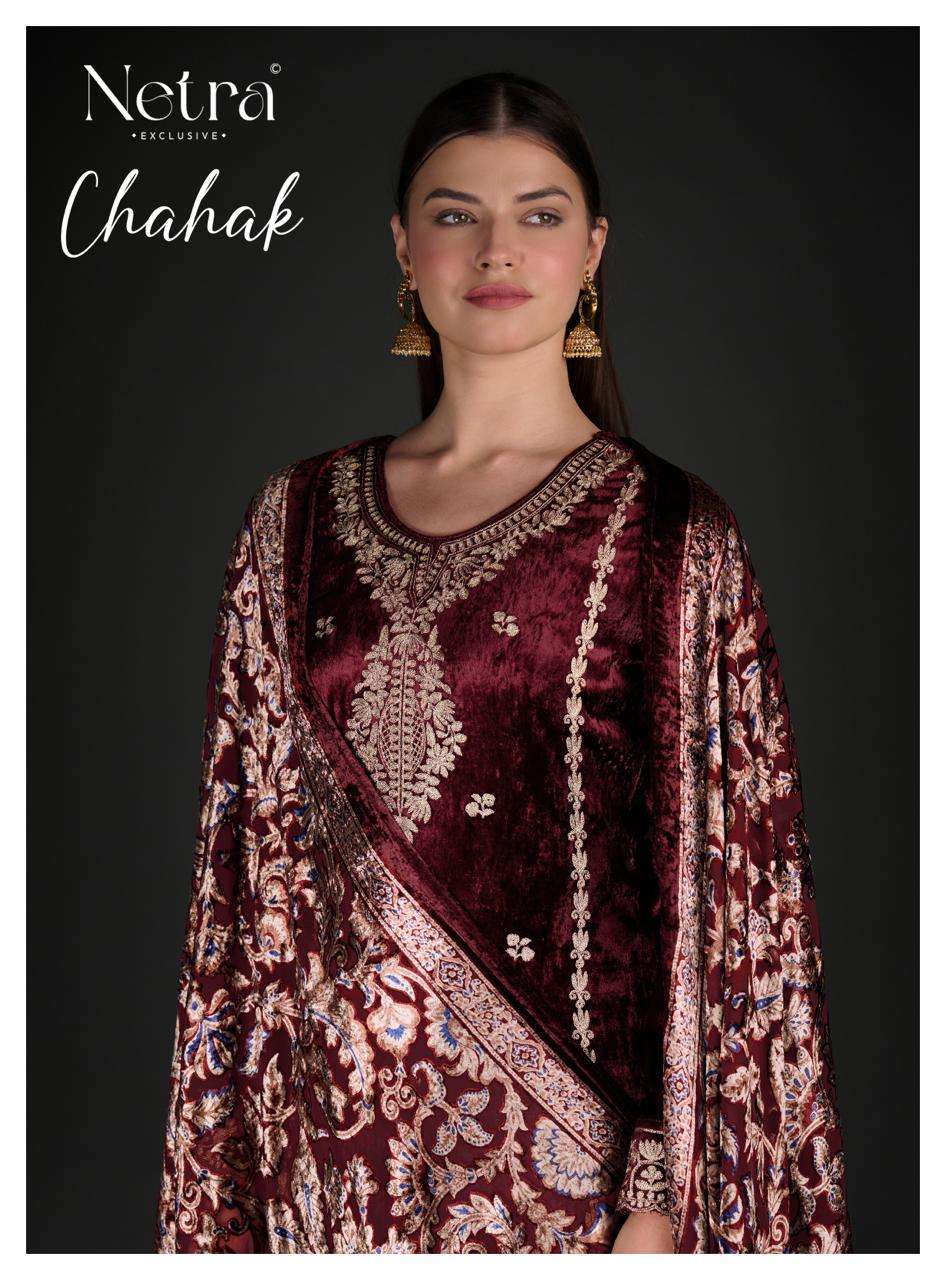 NETRA EXCLUSIVE CHAHAK PURE VELVET EMBROIDERY DRESSES -00402
