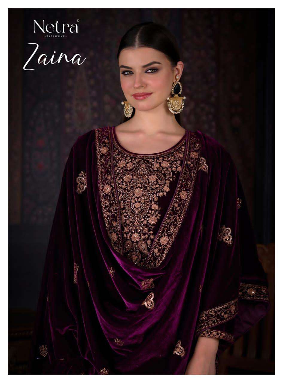 NETRA EXCLUSIVE ZAINA PURE SILK VELVET EMBROIDERY DRESSES-00402