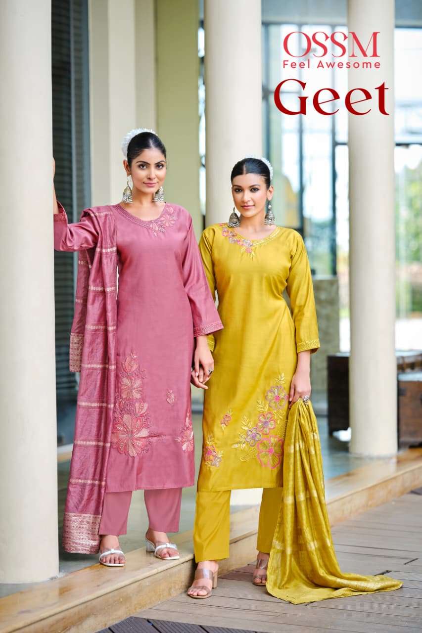 OSSM GEET 1001 TO 1006 SERIES PURE ROMAN SILK EMBROIDERY DRESSES-00140