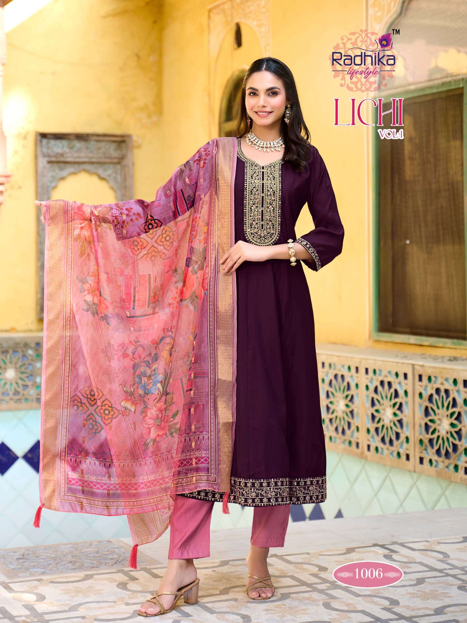 RADHIKA LIFESTYLE LICHI VOL-01 1001 TO 1006 SERIES PURE ROMAN SILK EMBROIDERY DRESSES-00014