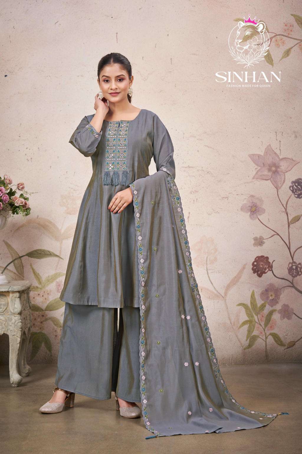 SINHAN BY ASLIWHOLESALE DESIGNER PURE ROMAN SILK EMBROIDERY DRESSES-00401