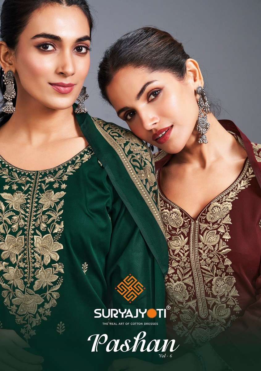 SURYAJYOTI PASHAN VOL-6 6001 TO 6006 SERIES PURE SATIN EMBROIDERY DRESSES-00015