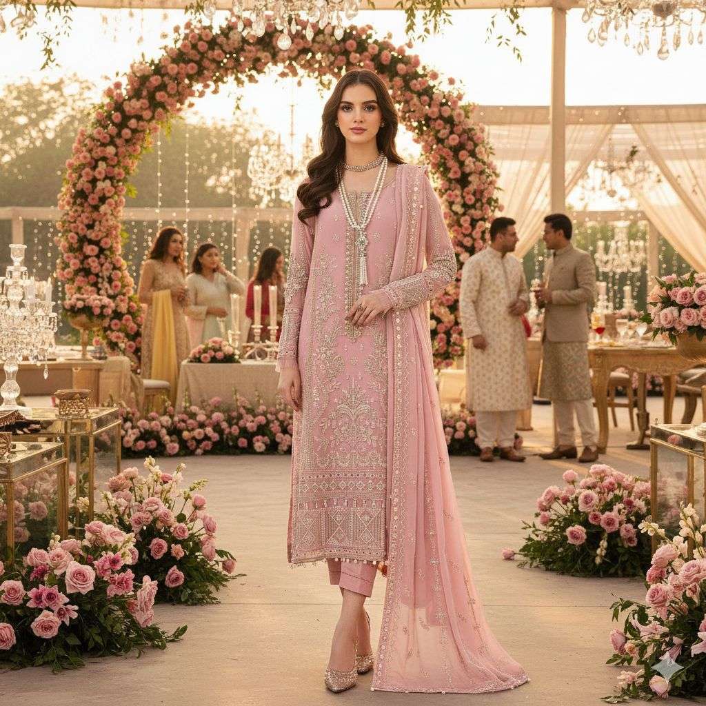 TAWAKKAL 1032 A TO C SERIES PURE FAUX GEORGETTE EMBROIDERY PAKISTANI DRESSES-00319