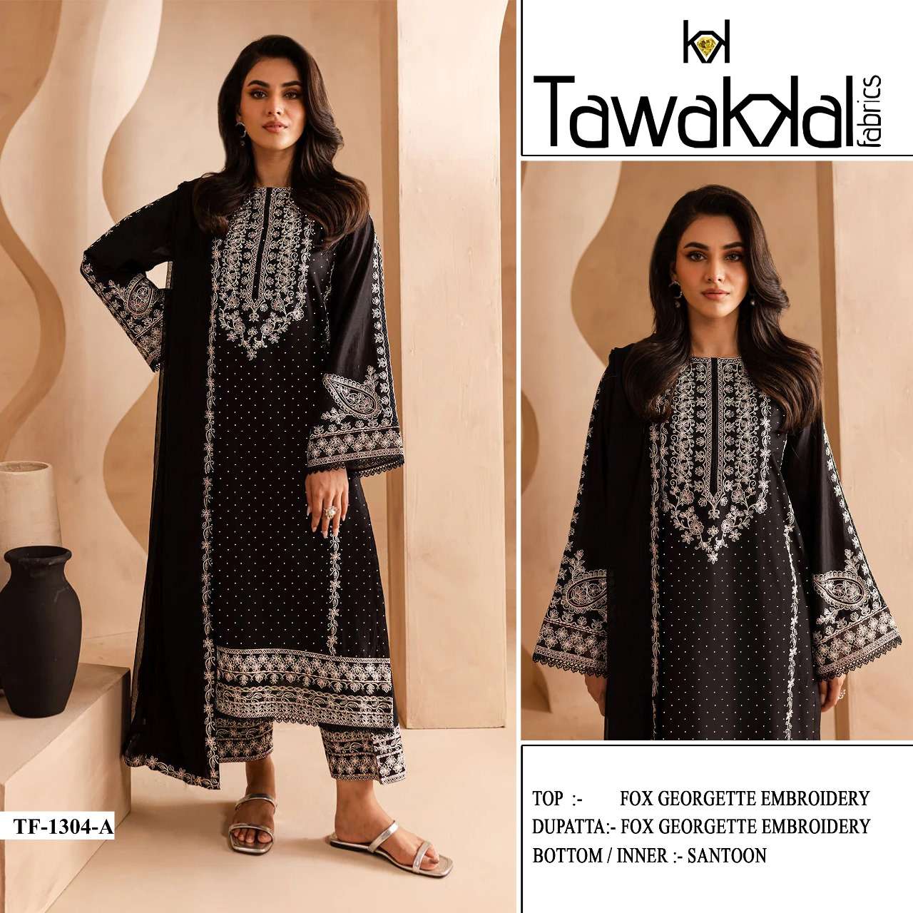 TAWAKKAL 1304 A TO E SERIES PURE FAUX GEORGETTE EMBROIDERY PAKISTANI DRESSES-00319