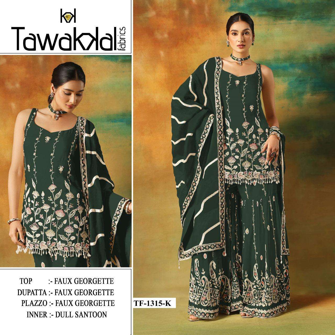 TAWAKKAL 1315 A TO L SERIES PURE FAUX GEORGETTE EMBROIDERY PAKISTANI DRESSES-00319