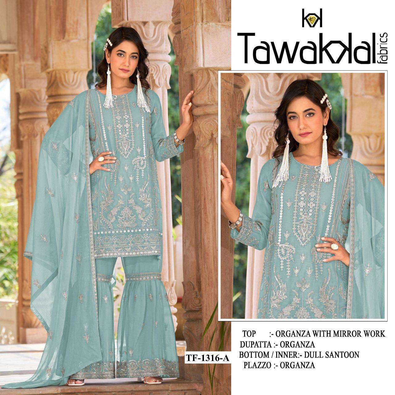 TAWAKKAL 1316 A TO G SERIES PURE ORGANZA EMBROIDERY PAKISTANI DRESSES-00319