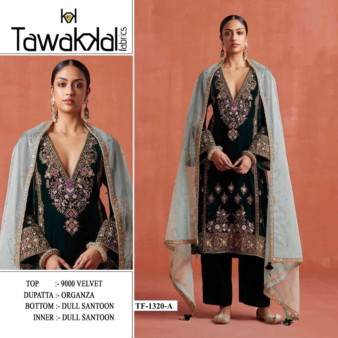 TAWAKKAL FABRICS 1320 SERIES 1320-A TO 1320-F SERIES PURE VELVET EMBROIDERY PAKISTANI DRESSES-00319