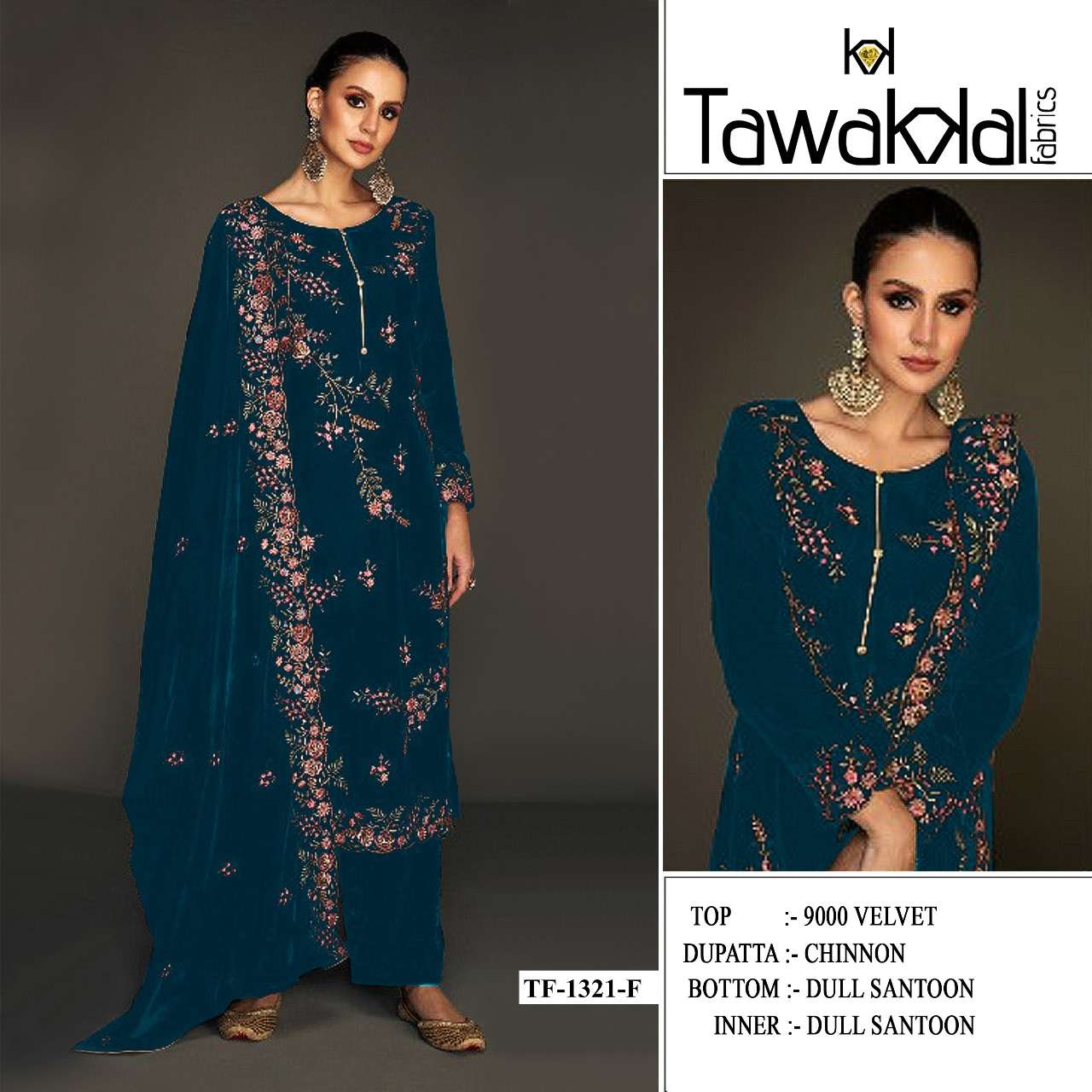 TAWAKKAL 1321 A TO F SERIES PURE VELVET EMBROIDERY PAKISTANI DRESSES-00319