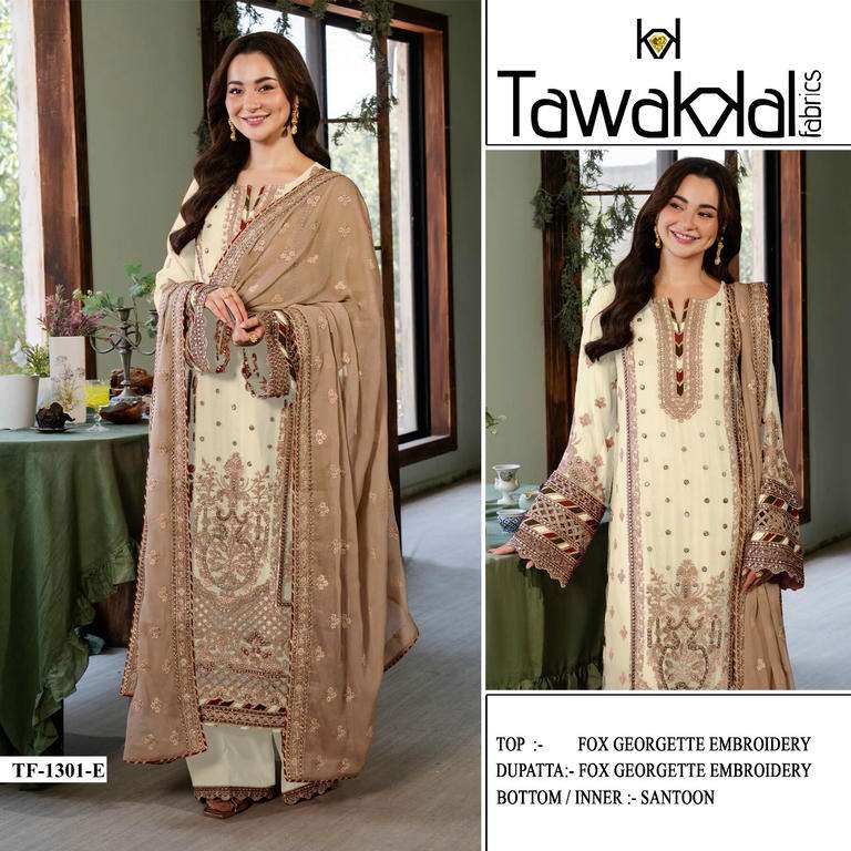 TAWAKKAL FABRICS D-1301 A TO H PURE FAUX GEORGETTE EMBROIDERY LAWN PAKISTANI DRESSES-00319