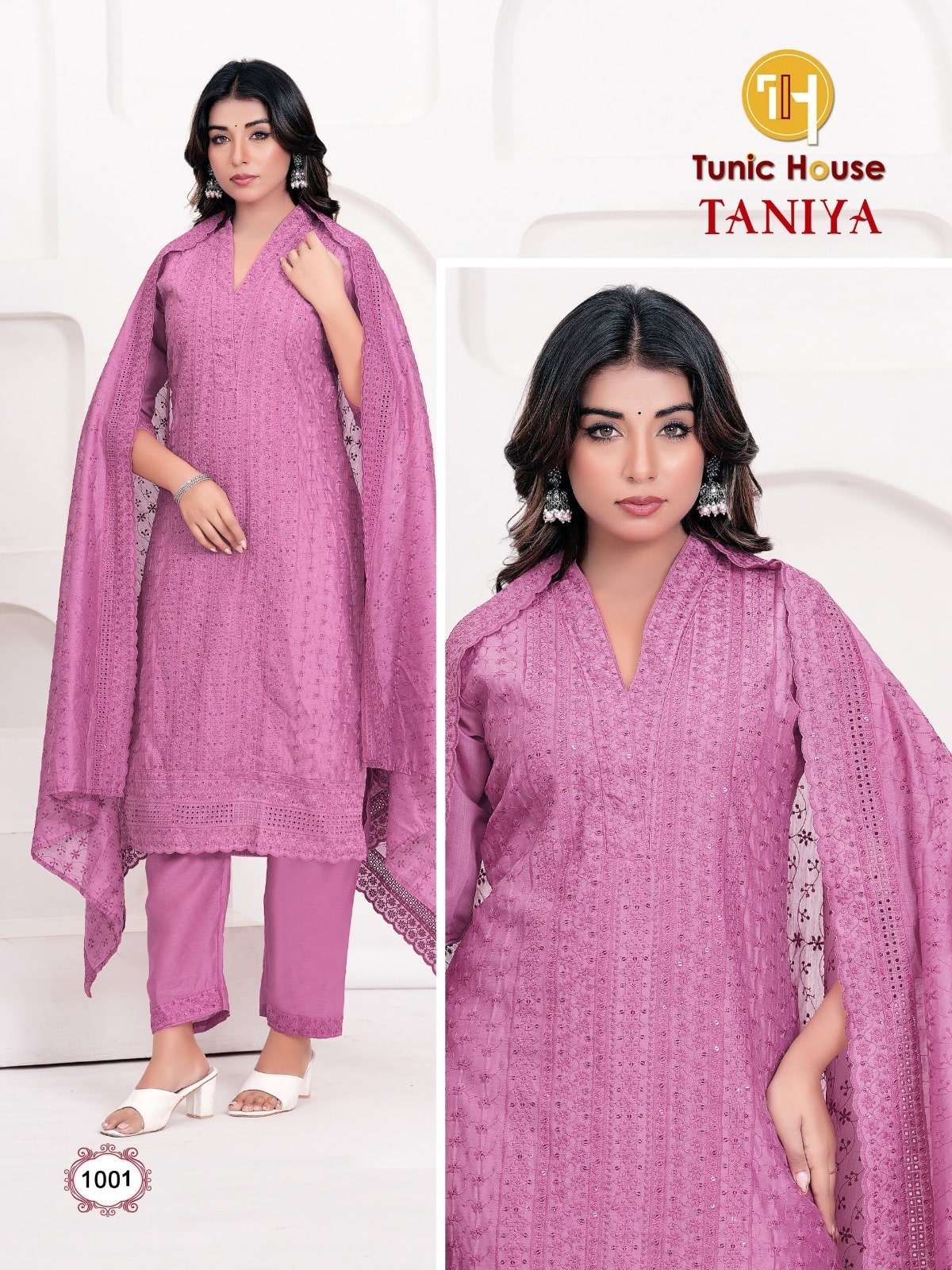 TUNIC HOUSE TANIYA 1001 TO 1006 SERIES PURE CHANDERI SILK PRINTED DRESSES-00074