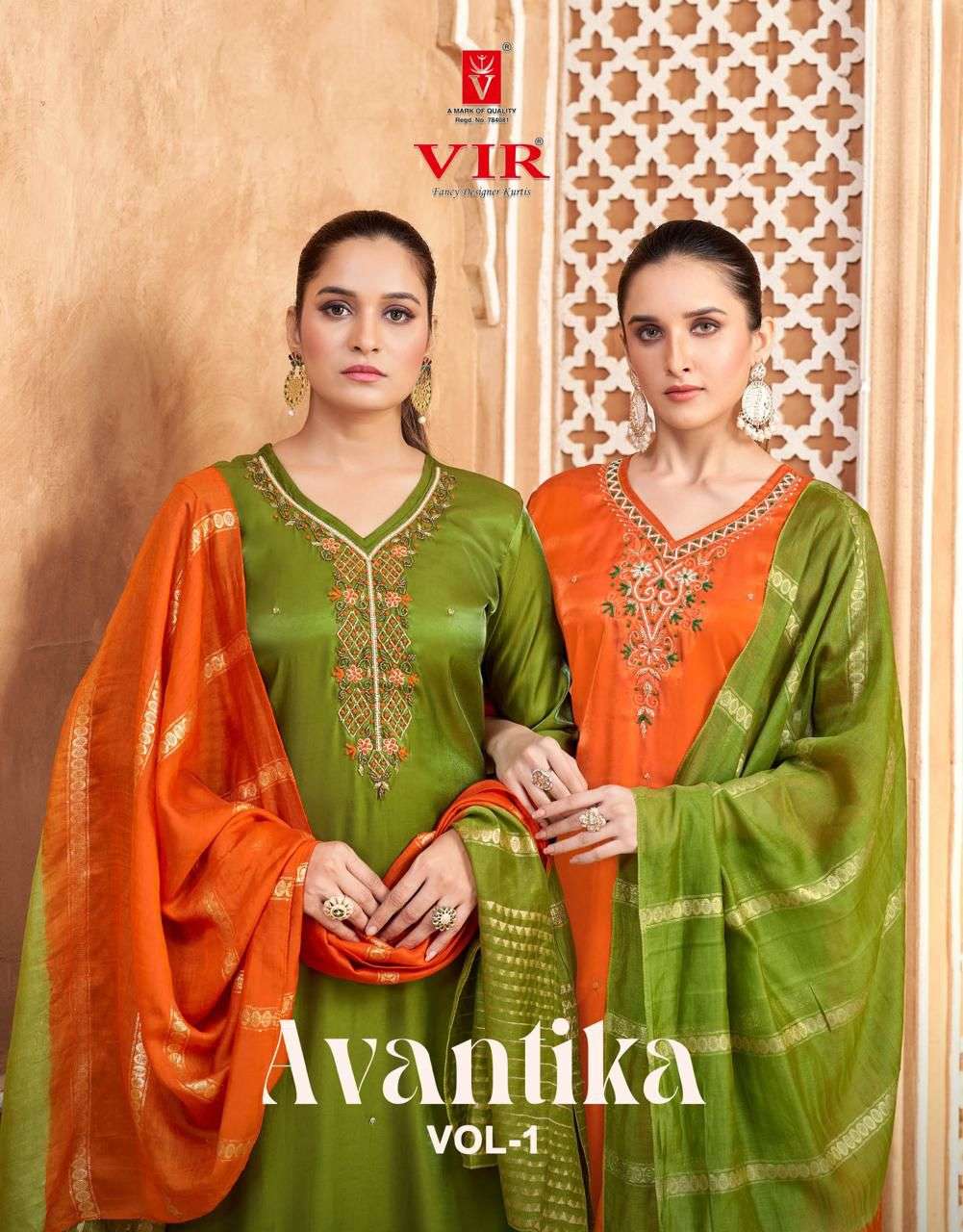 VIR AVANTIKA VOL-01 1001 TO 1008 SERIES PURE ROMAN HAND WORK DRESSES-00140