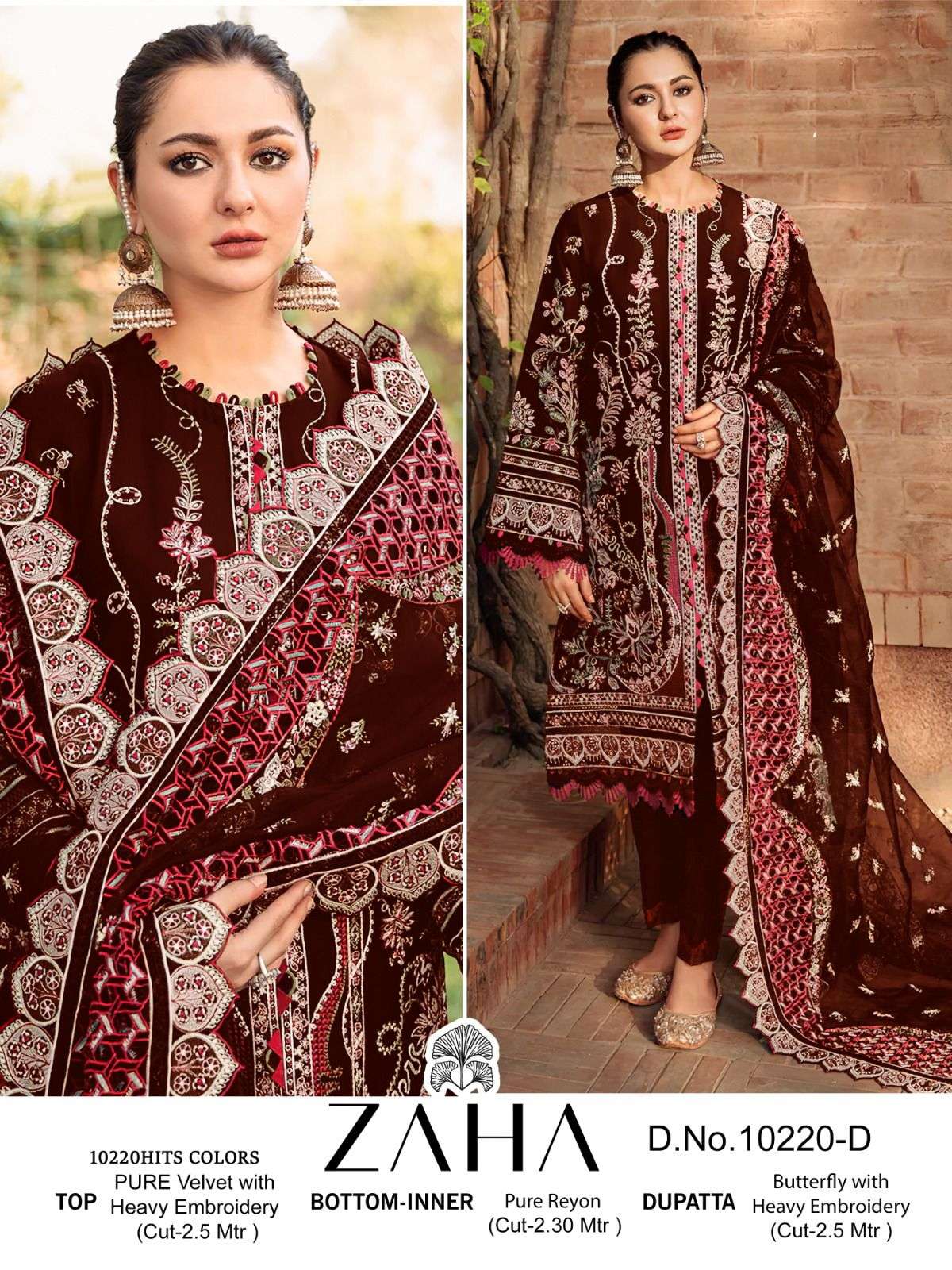 ZAHA AAFIYA 10220 B TO C SERIES PURE VELVET RAYON EMBROIDERY PAKISTANI DRESSES-00201