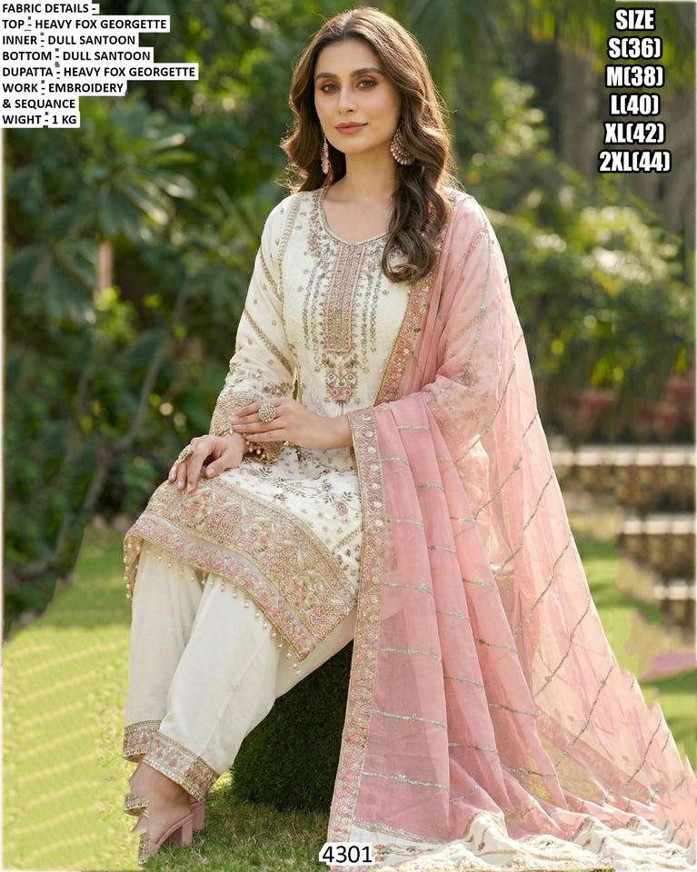 4301 SERIES BY ASLIWHOLESALE FAUX GEORGETTE EMBROIDERY STITCHED SUITS -00095