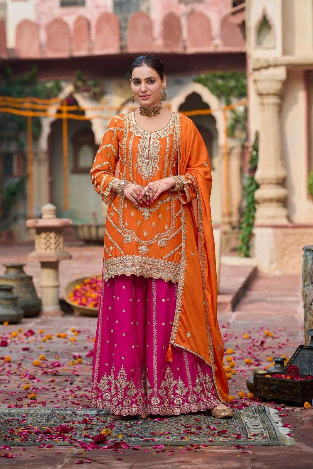 5969 HIT COLOUR BY ASLIWHOLESALE SHARARA CHINON SILK EMBROIDERY DRESSES-0024