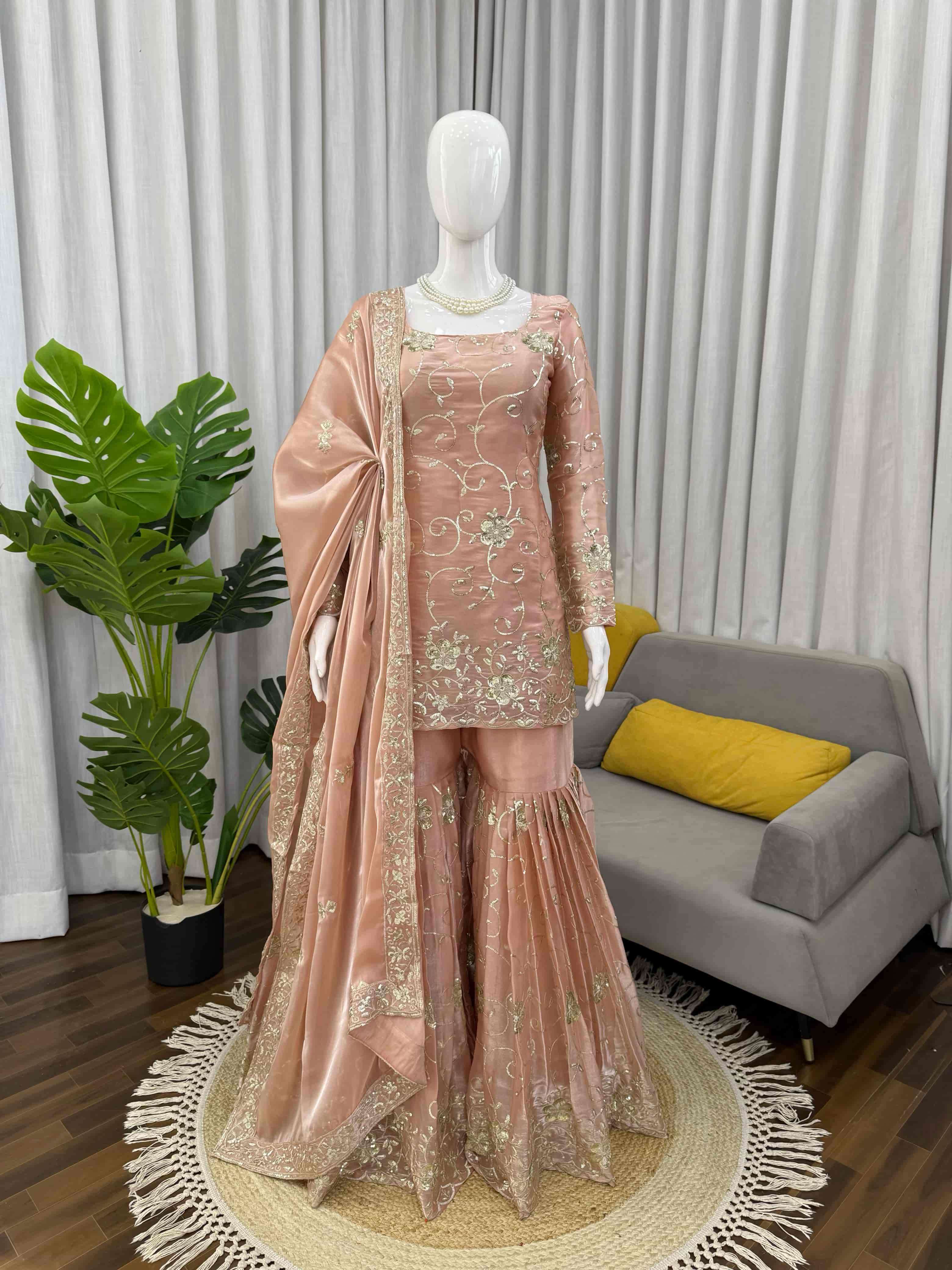 5977 HIT COLOUR BY ASLIWHOLESALE SILK EMBROIDERY SHARARA SUIT SET-00242