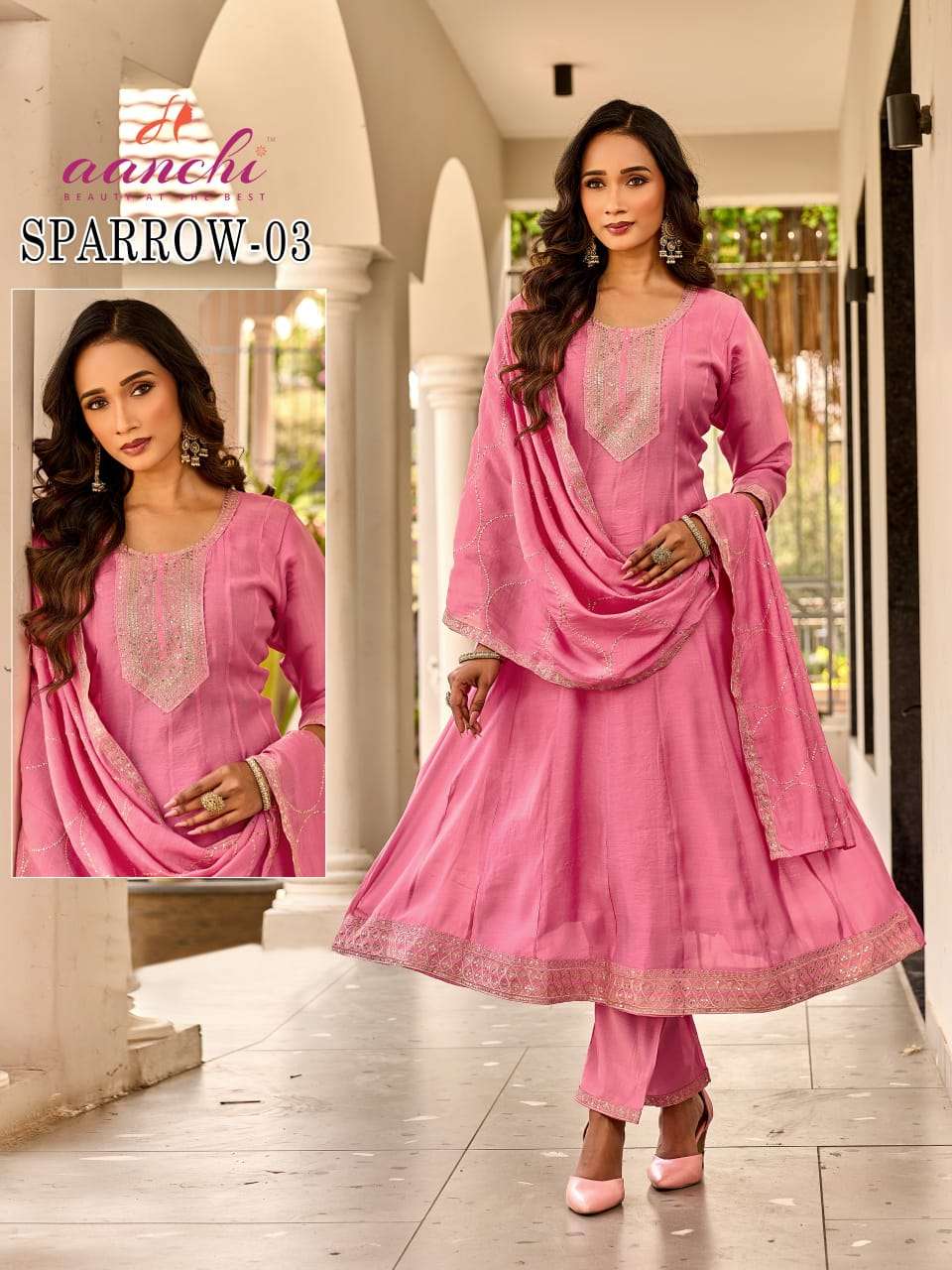 AANCHI SPARROW NX MUL CHANDERI STITCHED ANARKALI DRESSES-00286