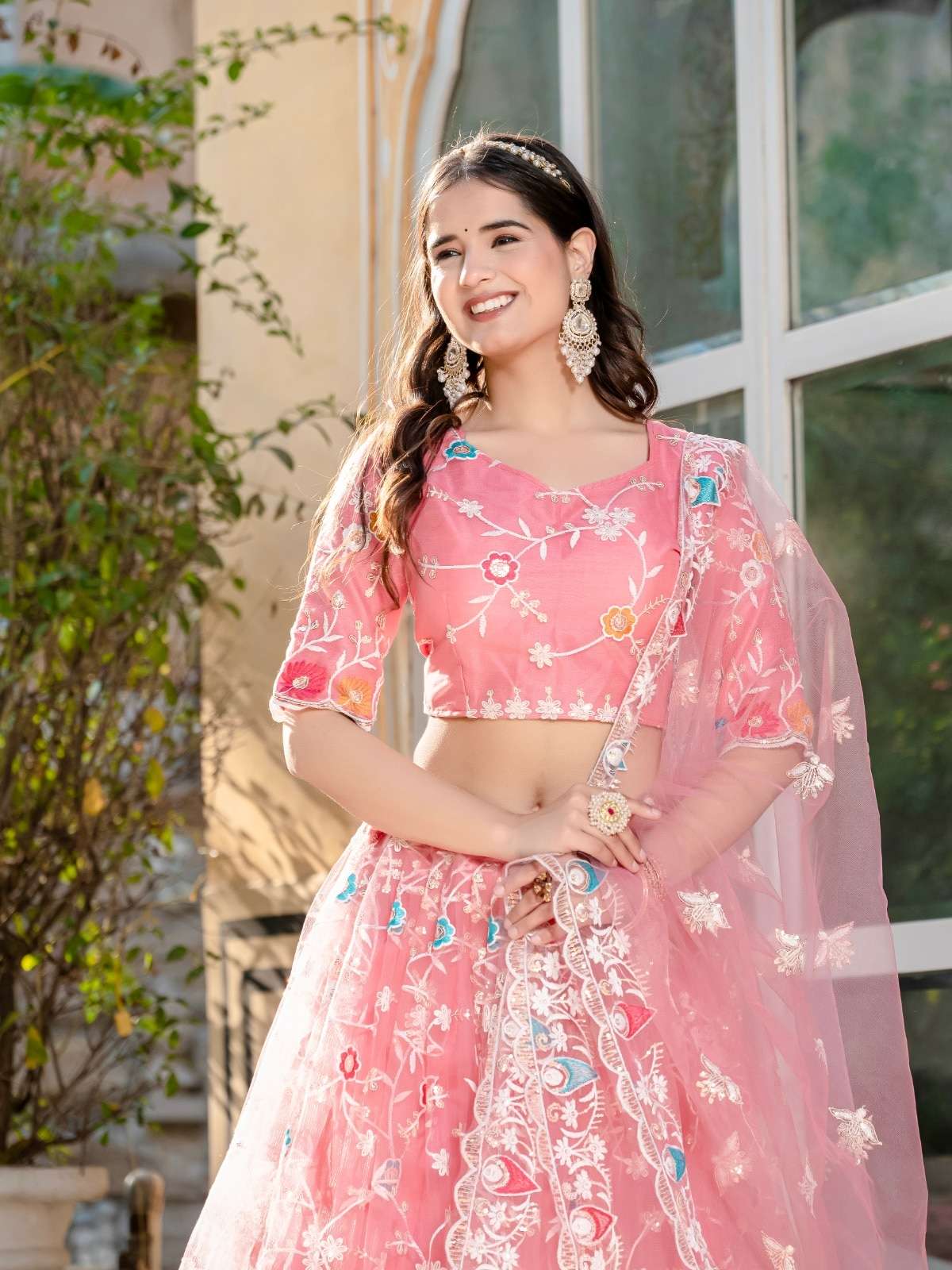 AAWIYA PINK-04 COLOUR SOFT NET EMBROIDERY SEMI-STITCHED LEHENGAS-00060