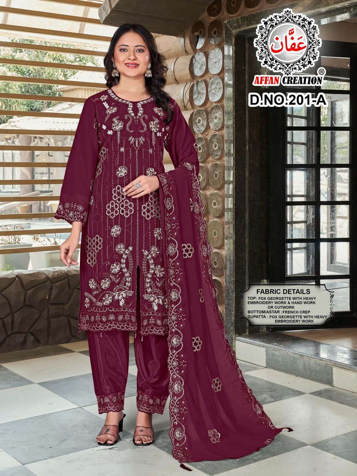 AFFAN CREATION 201 SERIES A TO D SERIES PURE FAUX GEORGETTE EMBROIDERY PAKISATNI DRESSES-00201