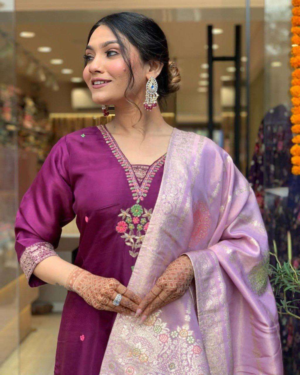 ALINA BY ASLIWHOLESALE VISCOSE CHANDERI EMBROIDERY DRESSES-00264