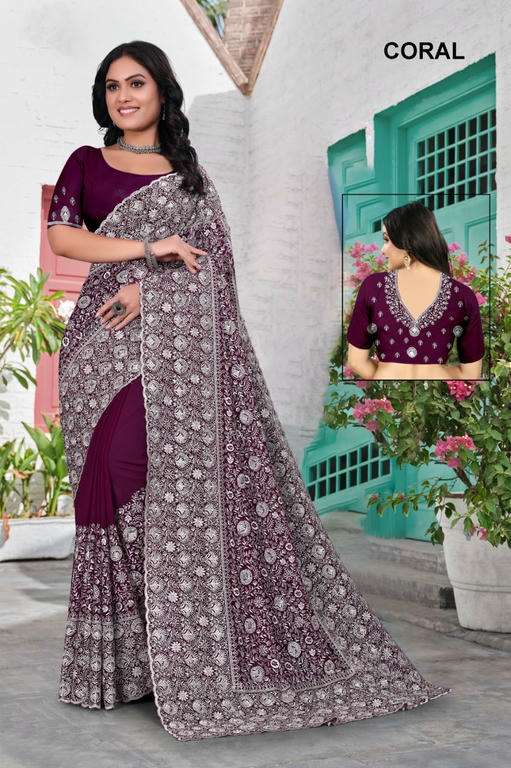 CORAL COLOUR BY ASLIWHOLESALE DESIGNER GEORGETTE EMBROIDERY SAREES-00103