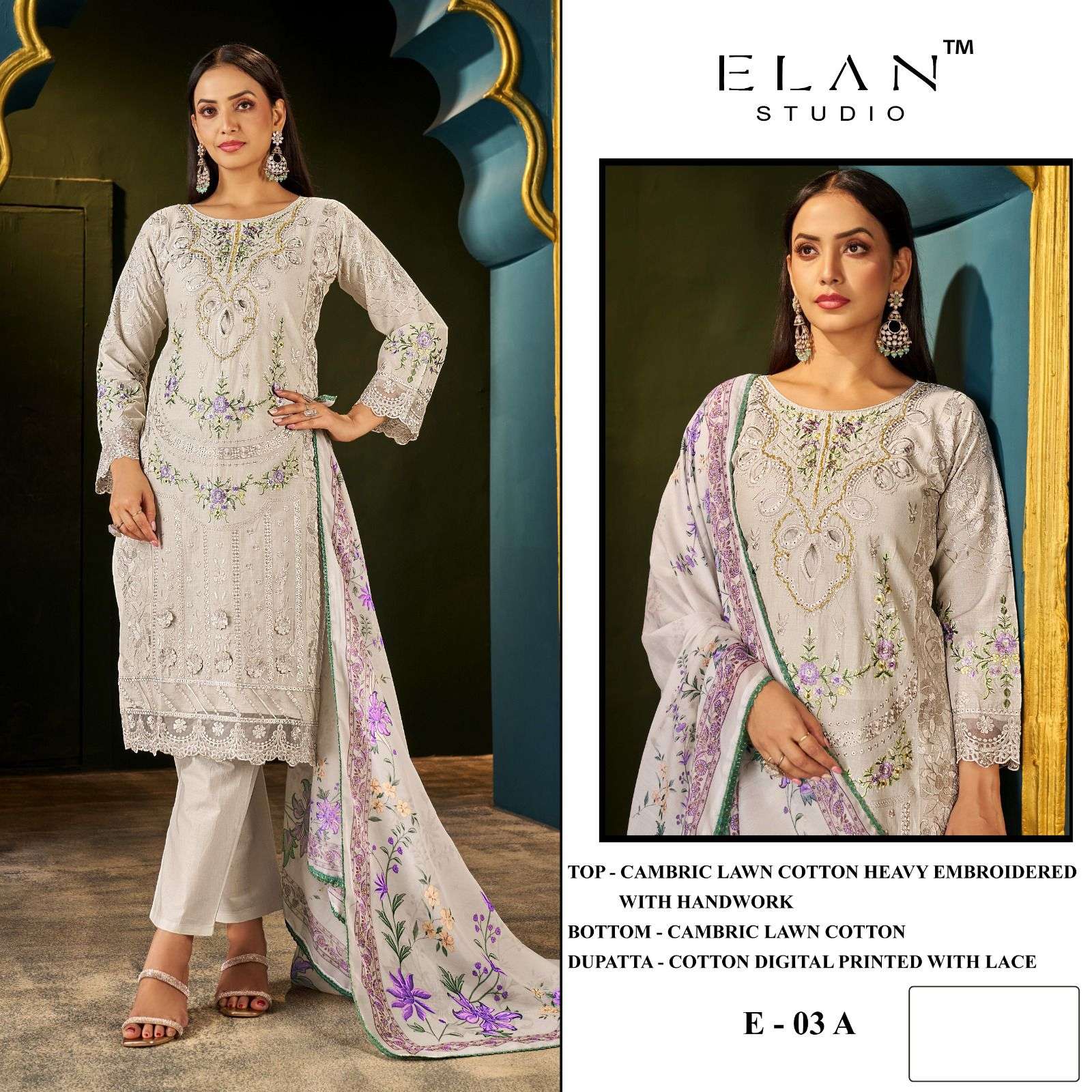 ELAN LAWN STUDIO E-03 A TO D SERIES LAWN COTTON EMBROIDERY DRESSES-00201