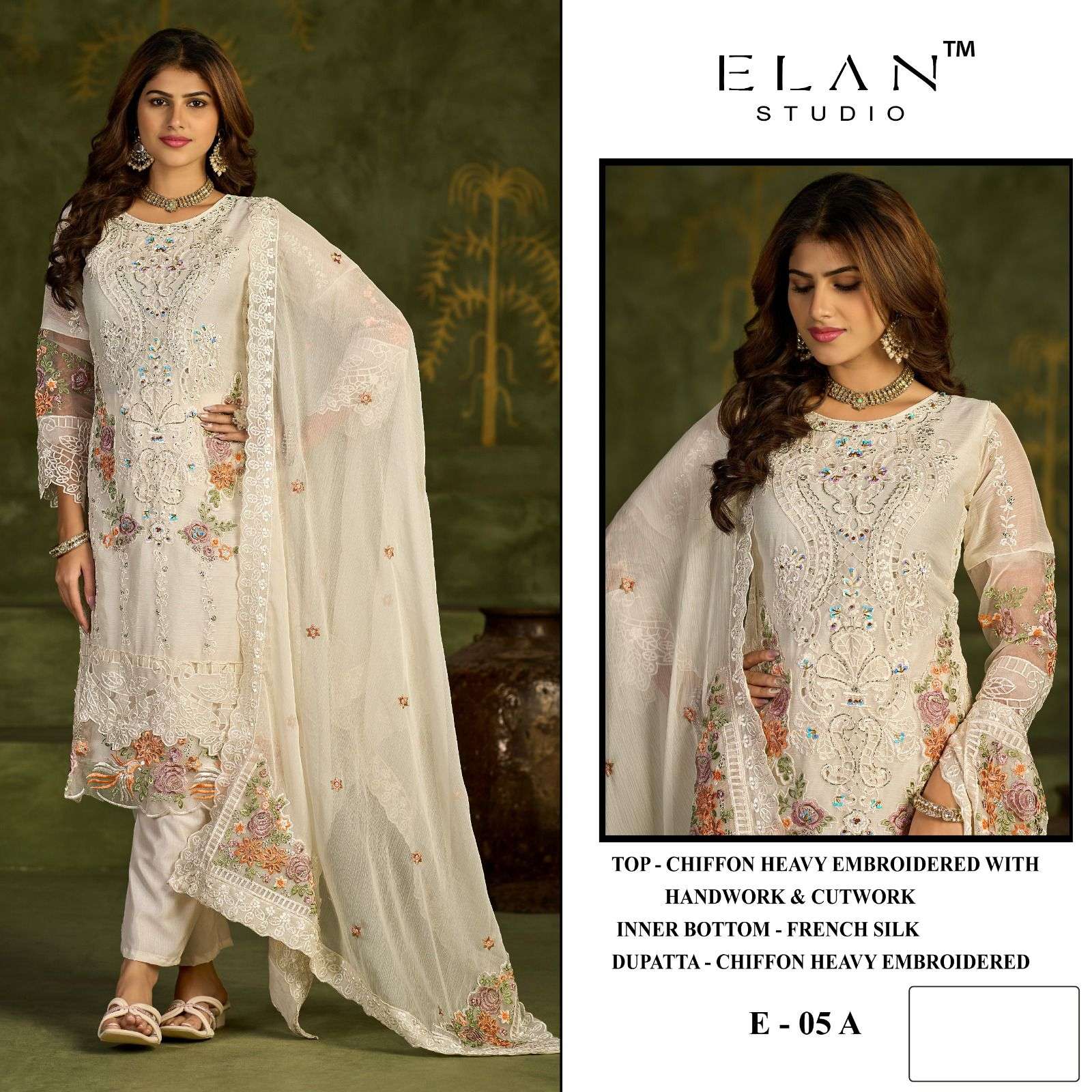 ELAN LAWN STUDIO E-05 A TO D SERIES CHIFFON HANDWORK DRESSES-00201