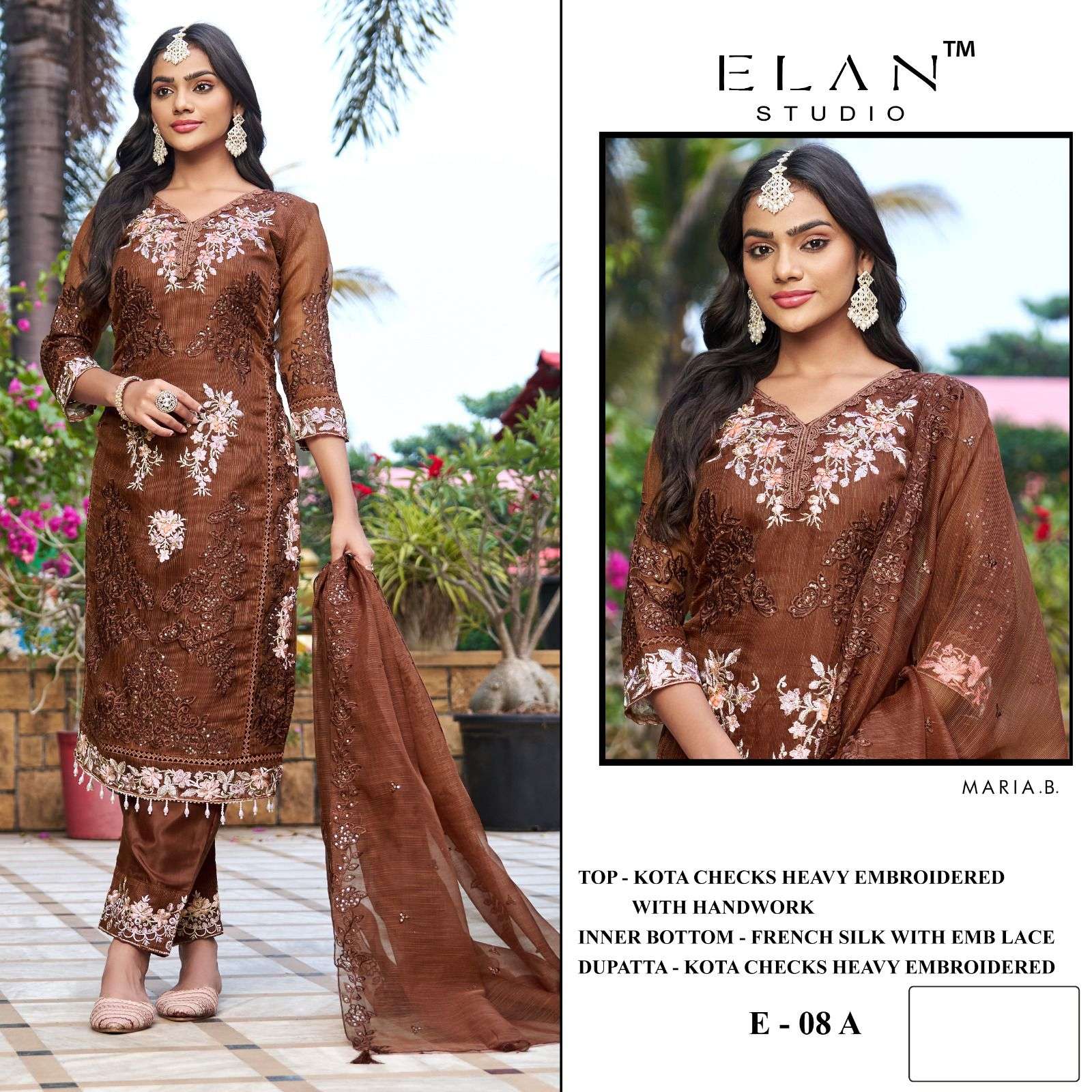ELAN LAWN STUDIO E-08 A TO D SERIES KOTA CHECKS HANDWORK DRESSES-00201