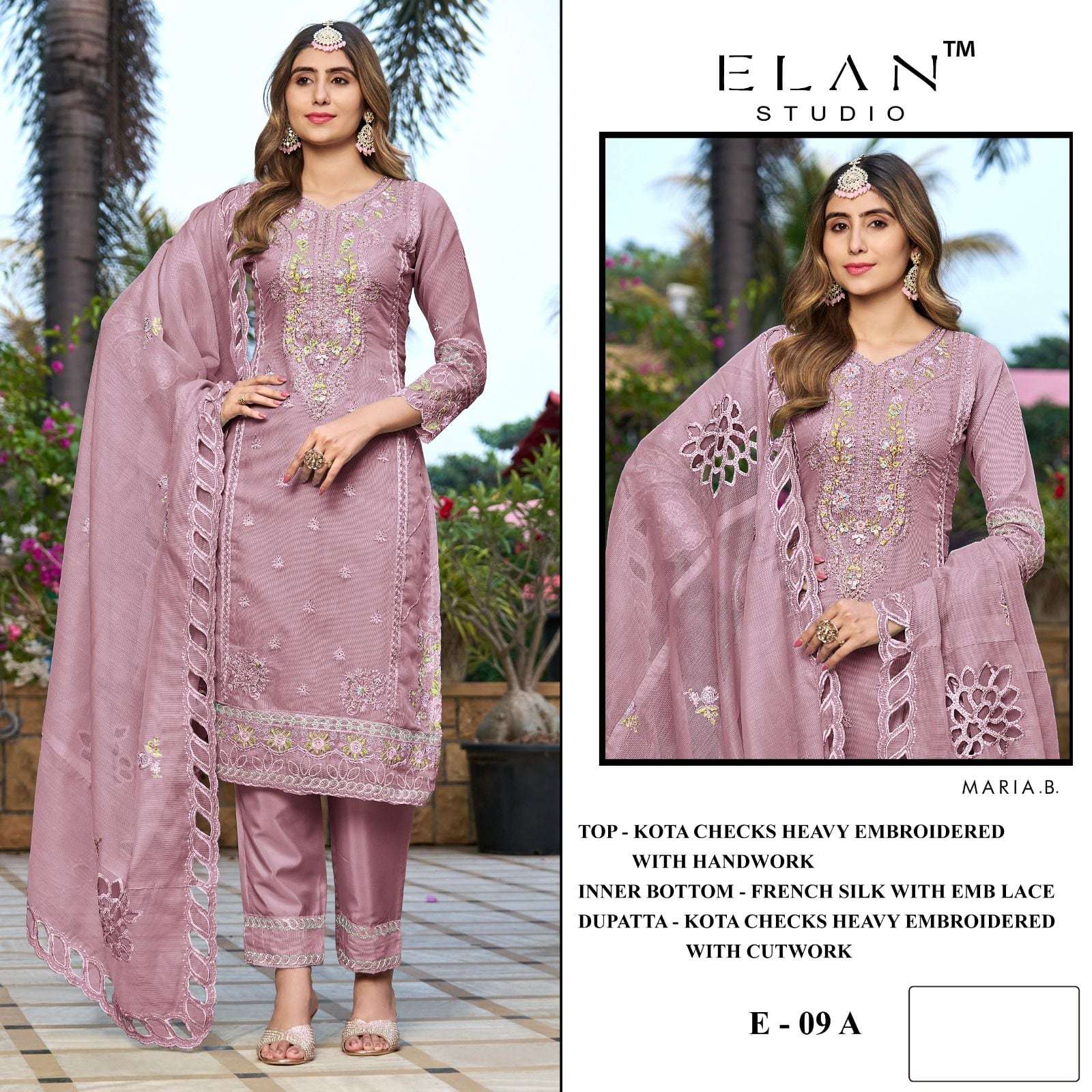 ELAN LAWN STUDIO E-09 A TO D SERIES KOTA CHECKS EMBROIDERY DRESSES-00201