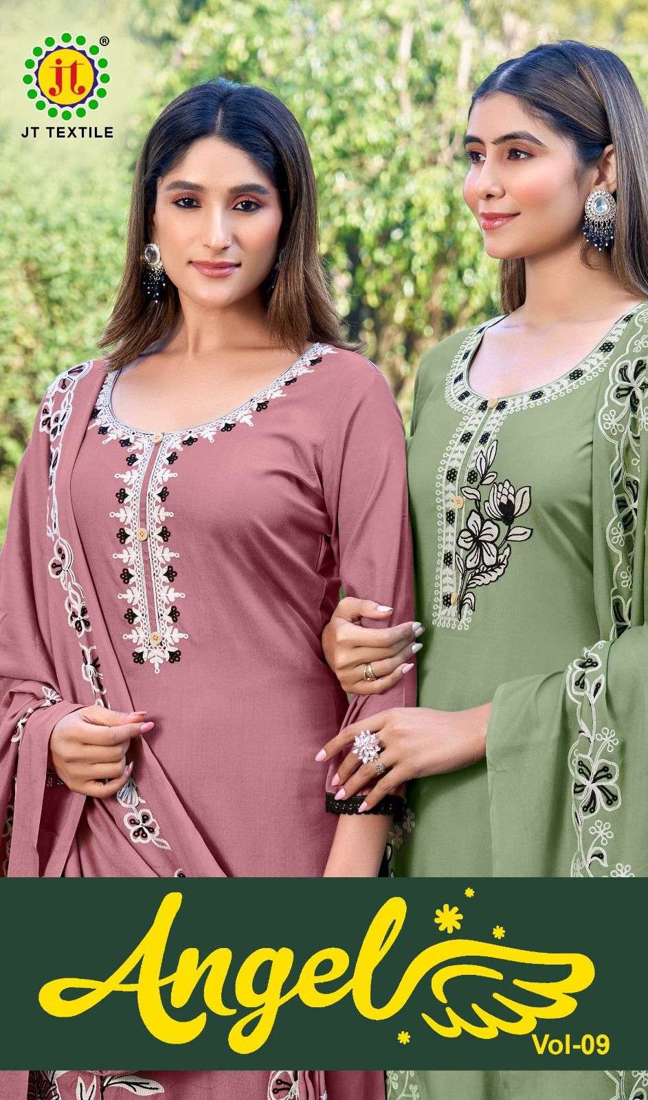 JT TEXTILE ANGEL VOL-09 9001 TO 9005 SERIES PURE RAYON EMBROIDERY PAKISATNI DRESSES-00201